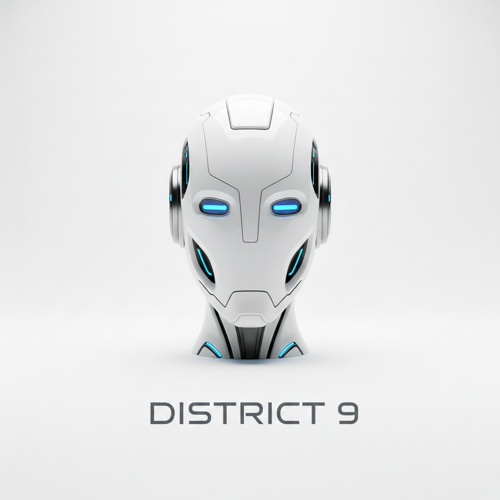 Robotic head with blue eyes on a light gray background, featuring the 'District 9' logo.