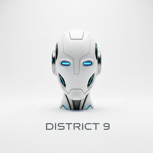 Robotic head with blue eyes on a light gray background, featuring the 'District 9' logo.