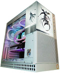 Computer gaming PC with RGB lighting and decorative graphics on a white background