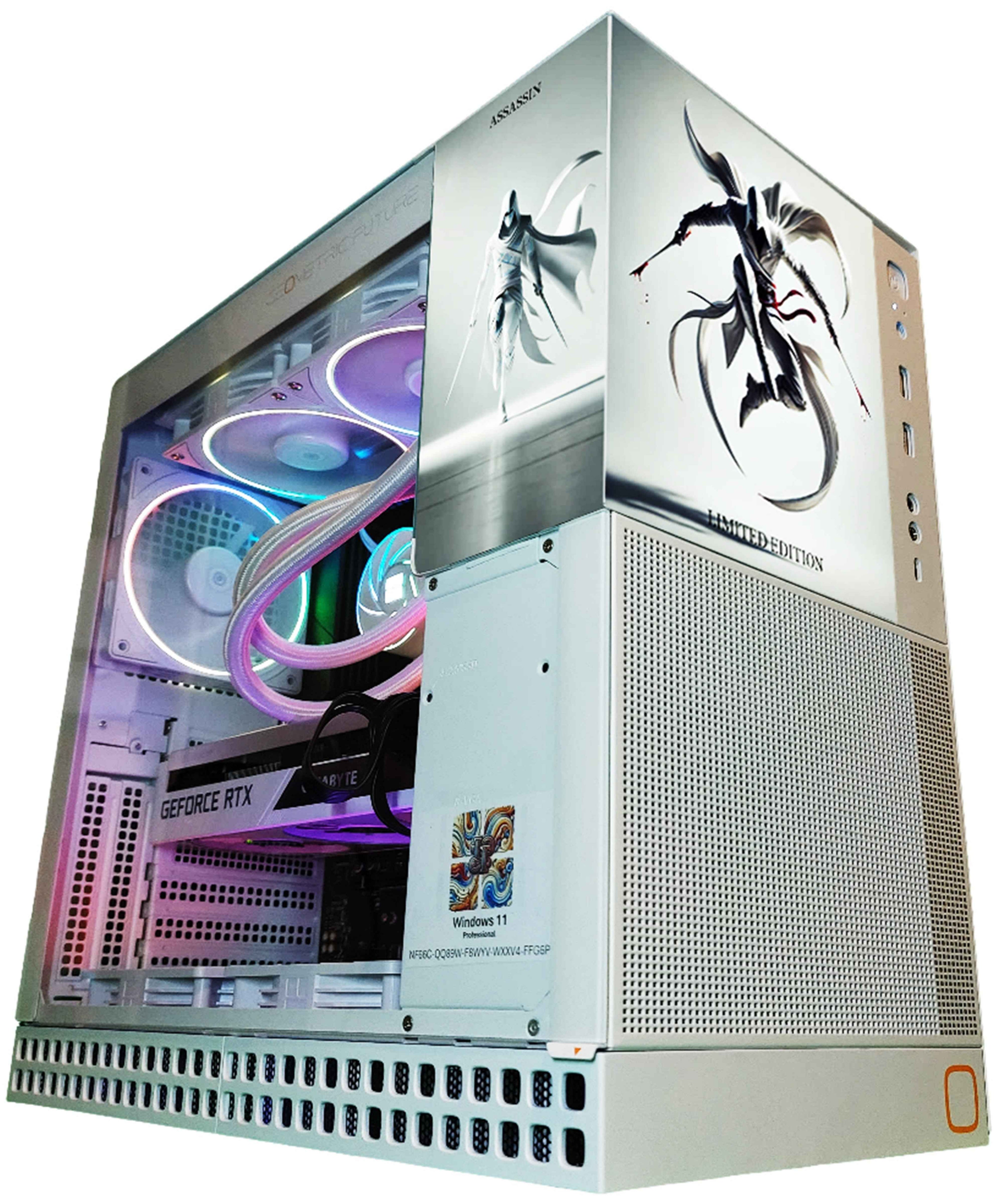 Computer gaming PC with RGB lighting and decorative graphics on a white background