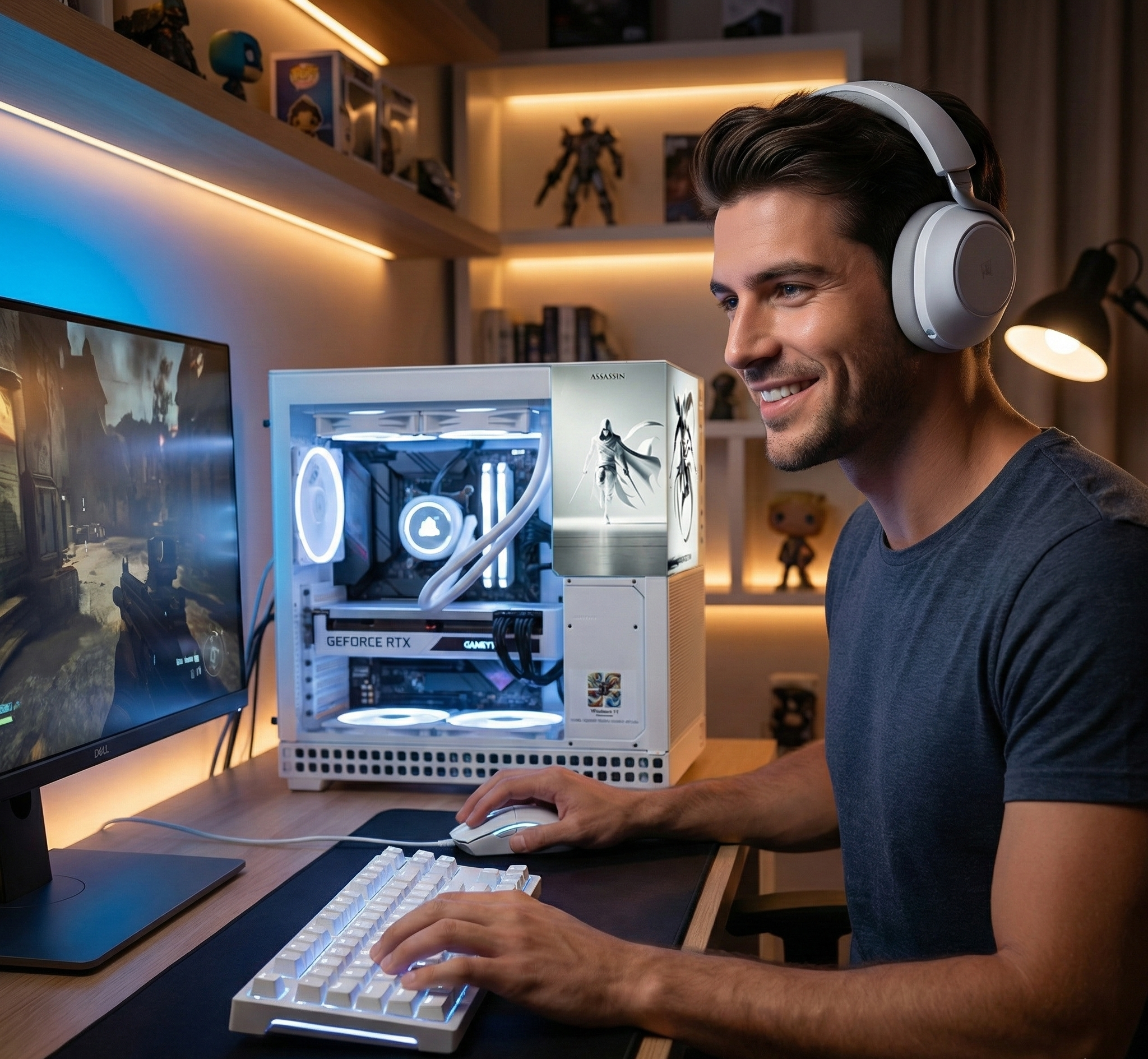 Man playing a video game on a computer with a custom-built gaming PC in front of him.