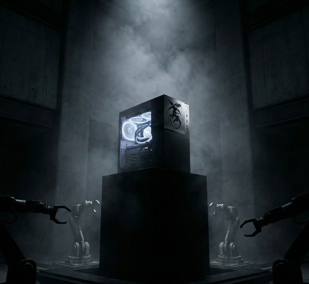 Dark, industrial setting with a glowing cube and robotic arms.