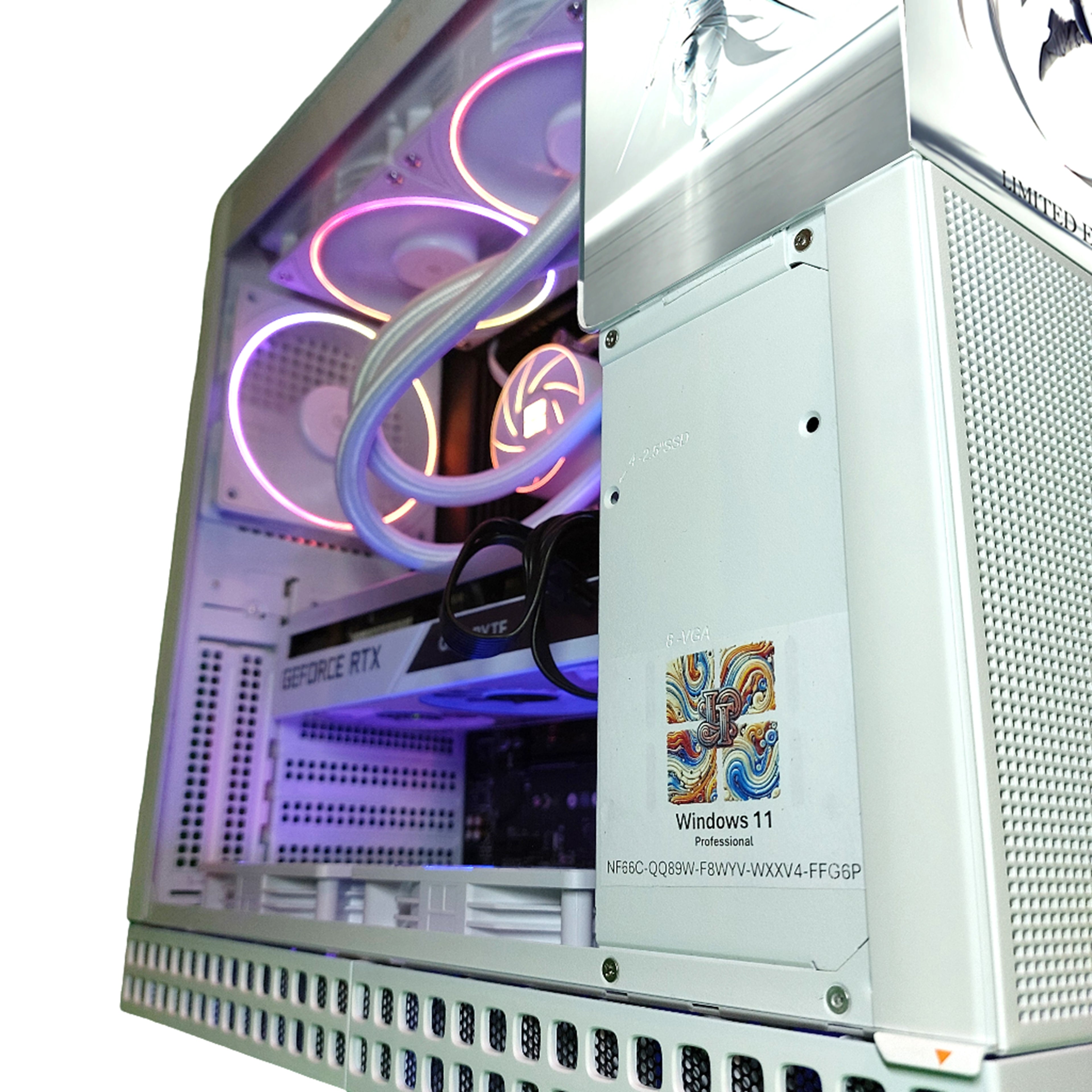 Computer case with RGB lighting and Windows 11 sticker on a white background