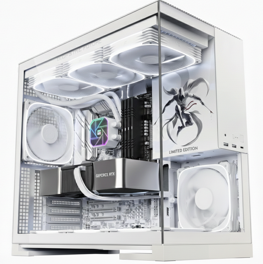 White computer case with visible components and 'Limited Edition' label on a white background