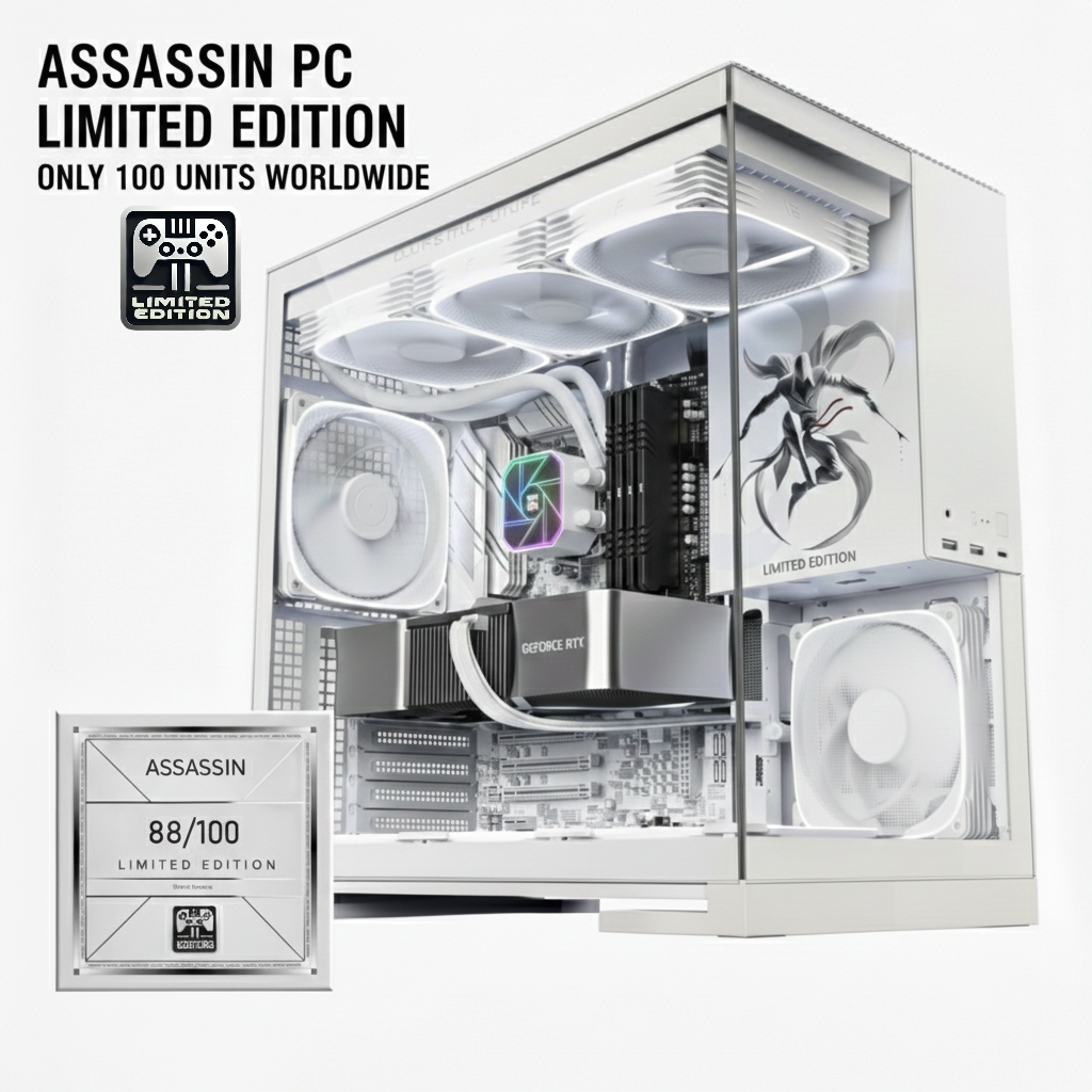 Assassin PC Limited Edition computer case with visible components on a white background