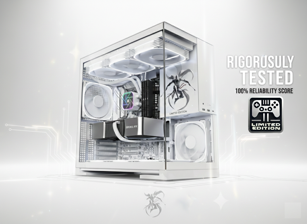 Computer case with visible components on a white background, featuring a reliability test badge.