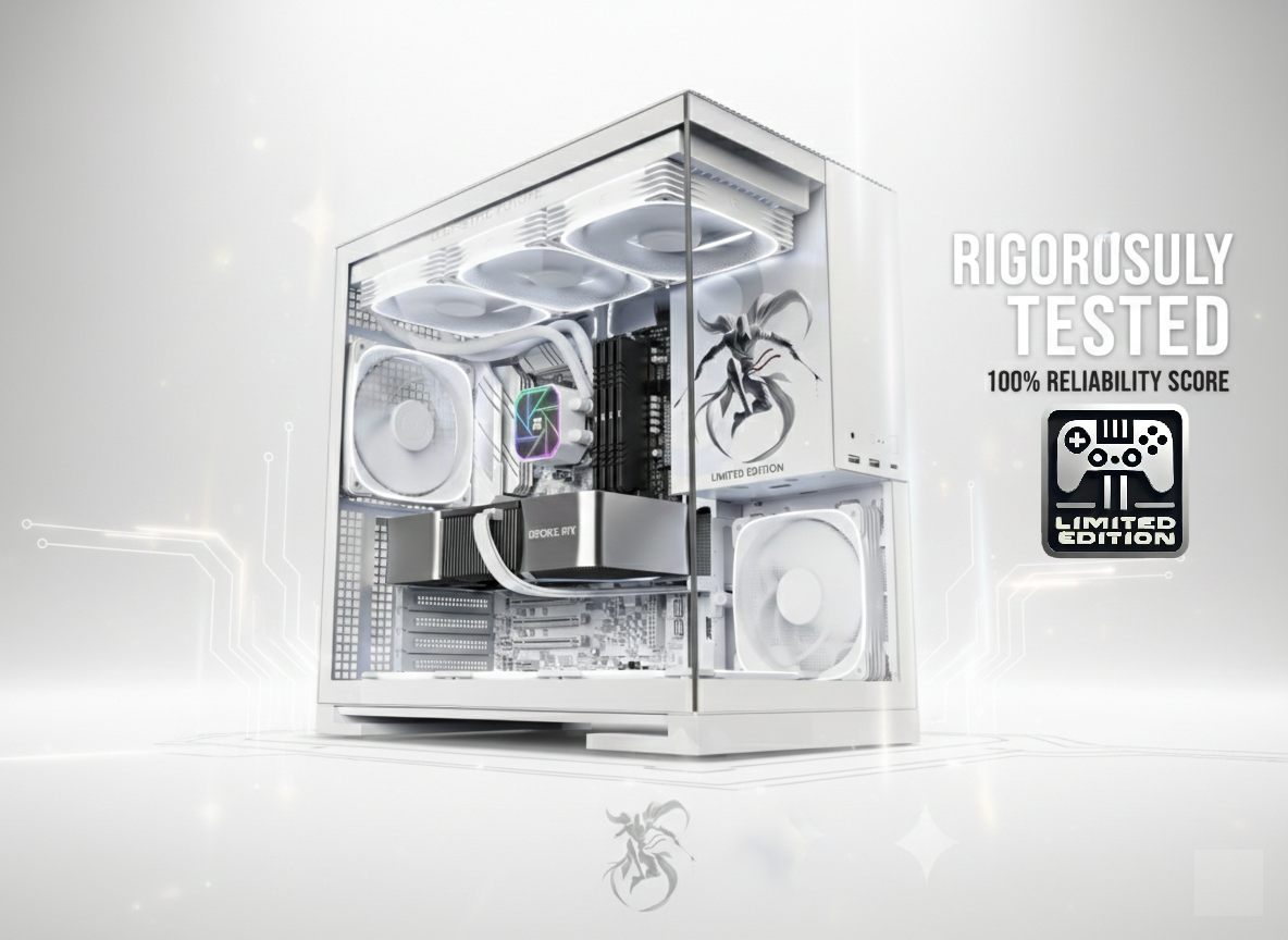 Computer case with visible components on a white background, featuring a reliability test badge.