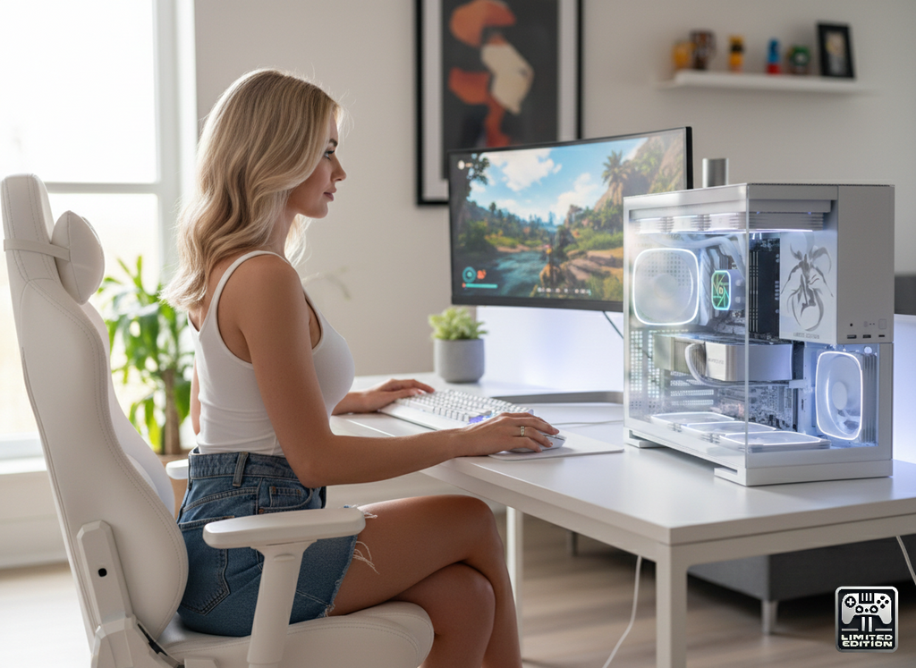 Woman sitting at a desk using a computer with a transparent gaming PC case.