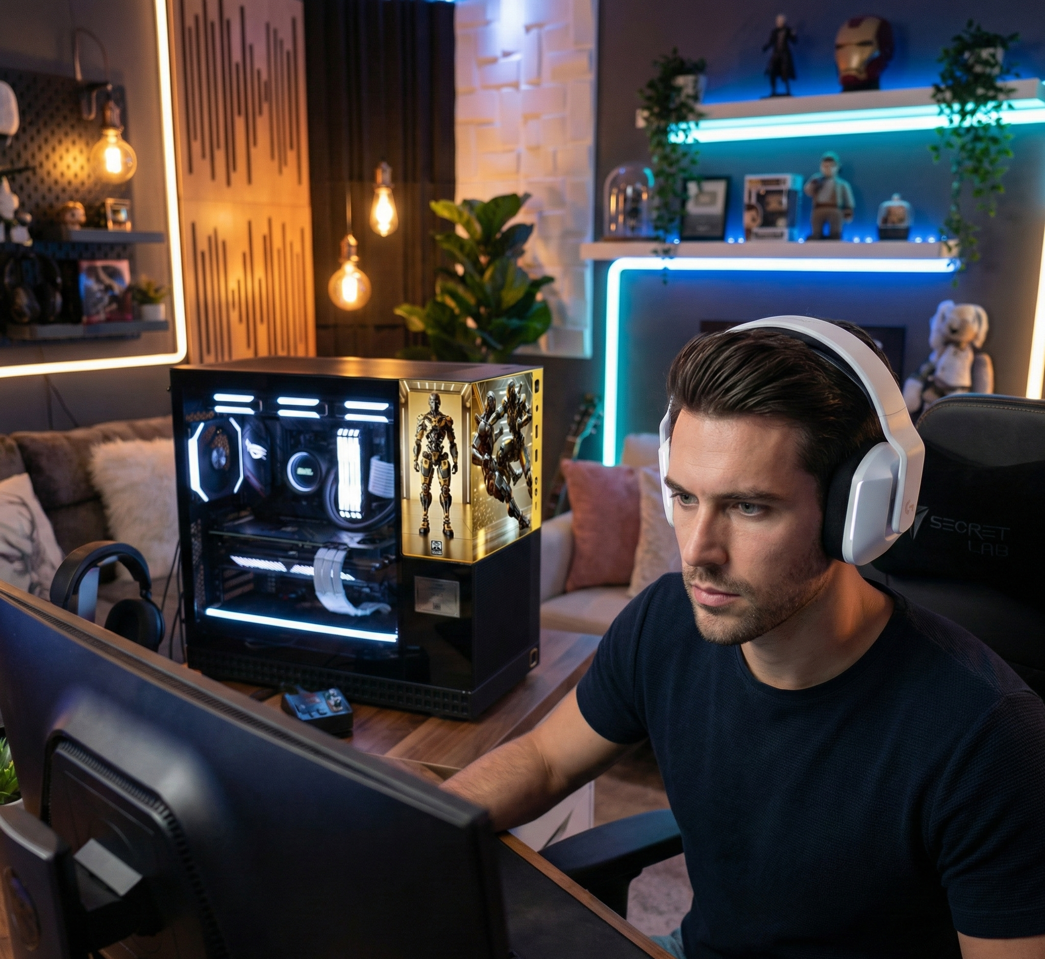 Man wearing headphones in a room with a computer setup and decorative lights.