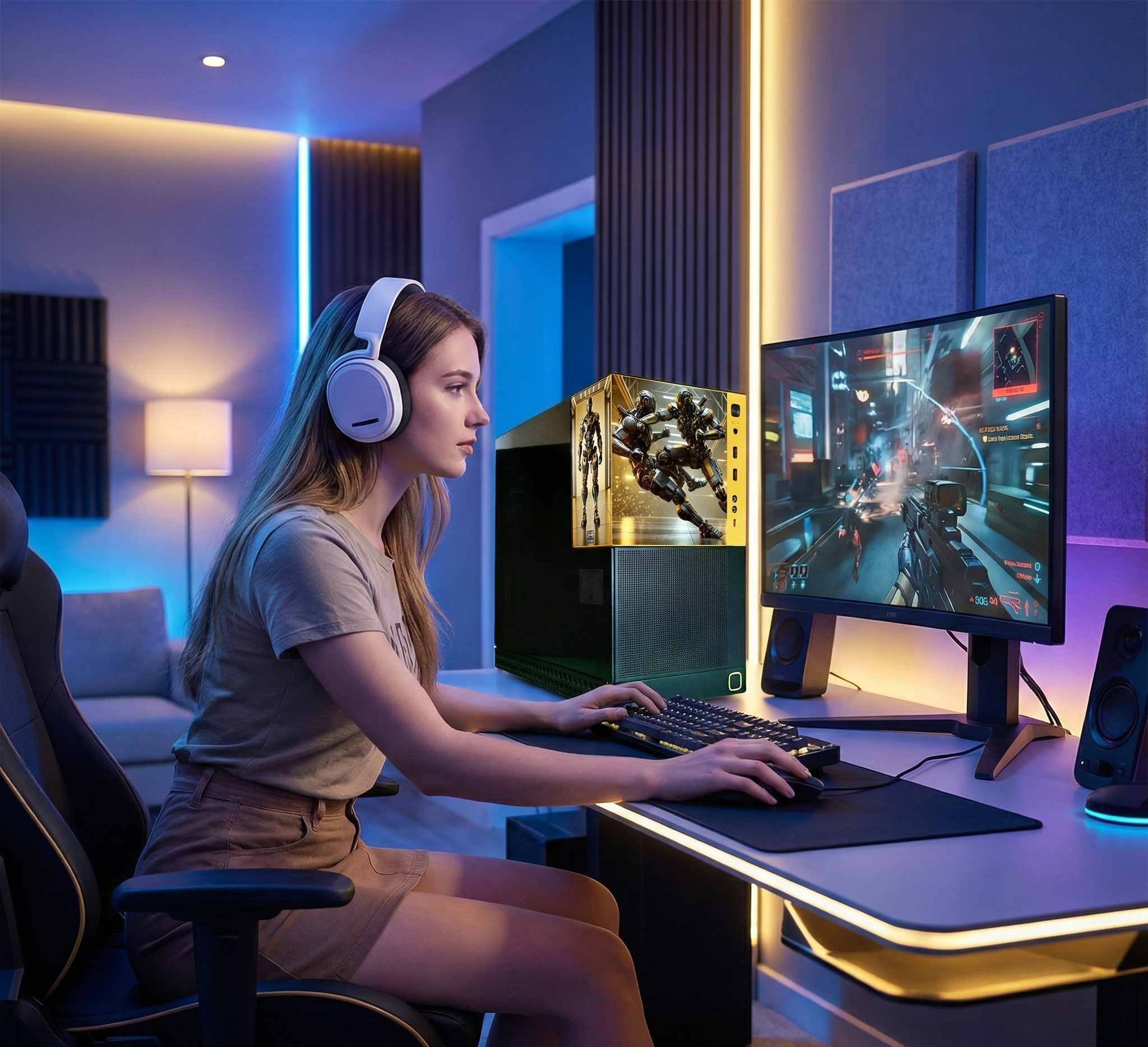 Person playing a video game on a computer in a modern room with gaming setup.