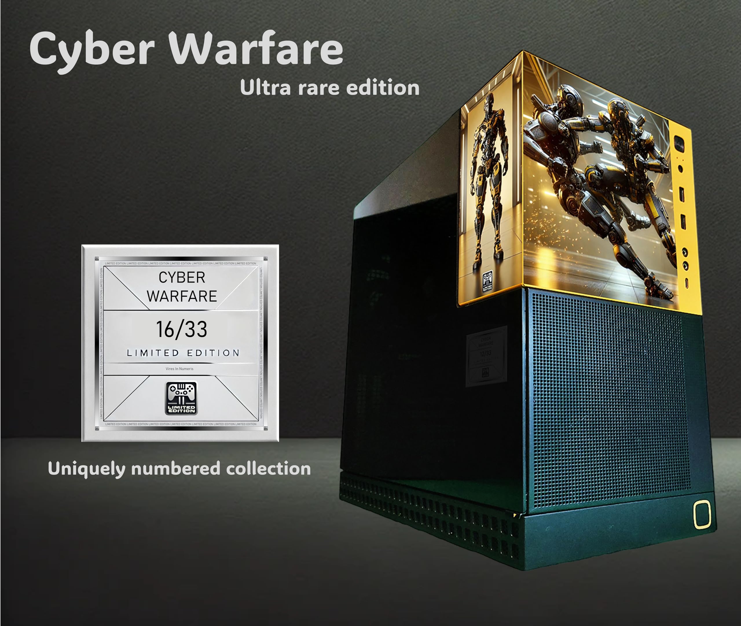 Limited edition Cyber Warfare collectible with robot design on a dark background