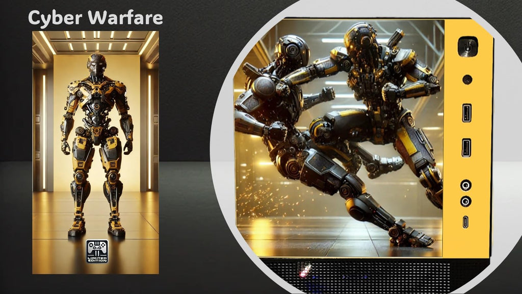 Robotic figure with 'Cyber Warfare' text on a dark background