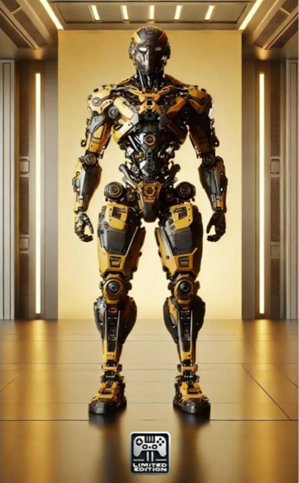 Robotic figure with gold and black design in a futuristic setting
