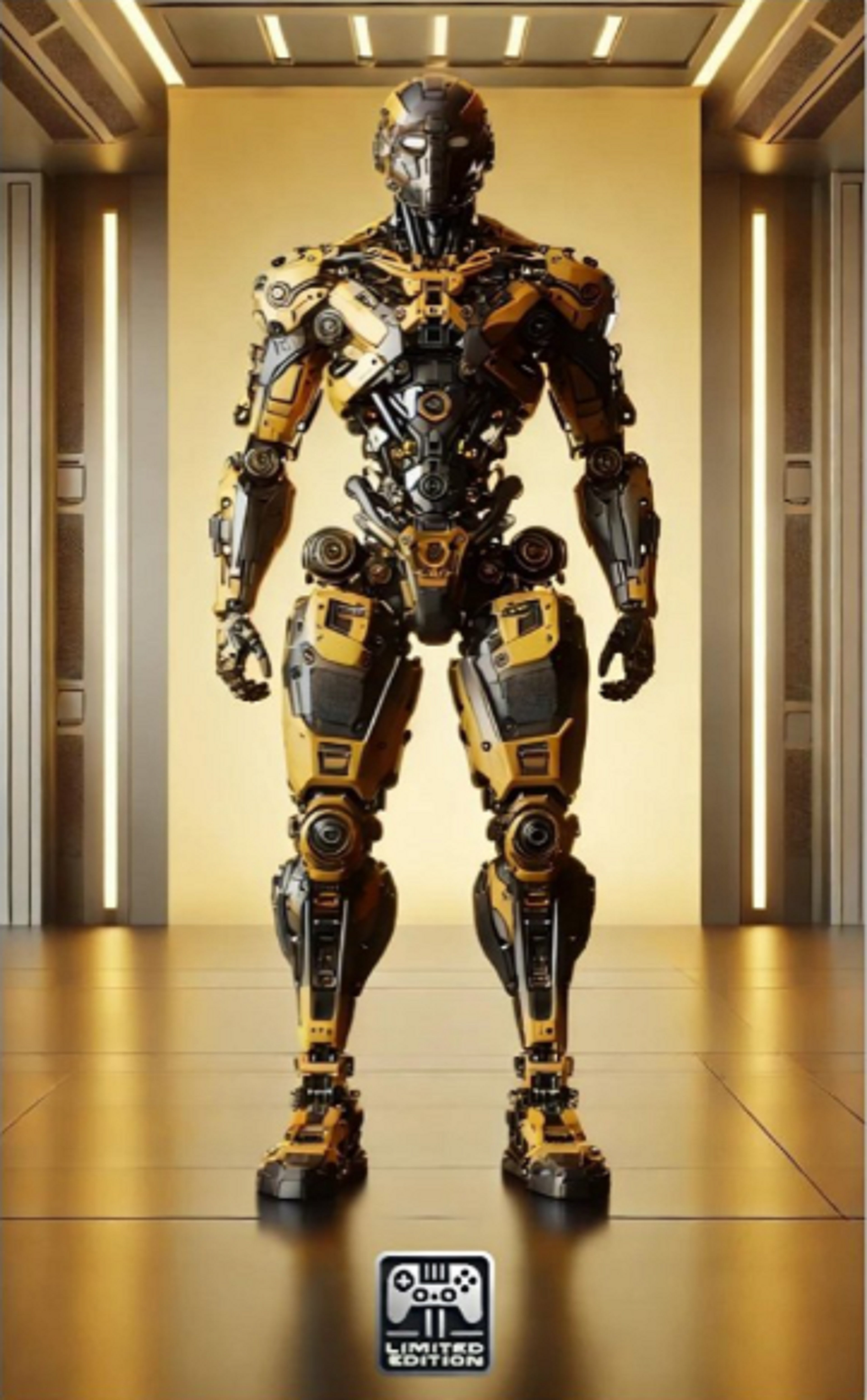 Robotic figure with gold and black design in a futuristic setting