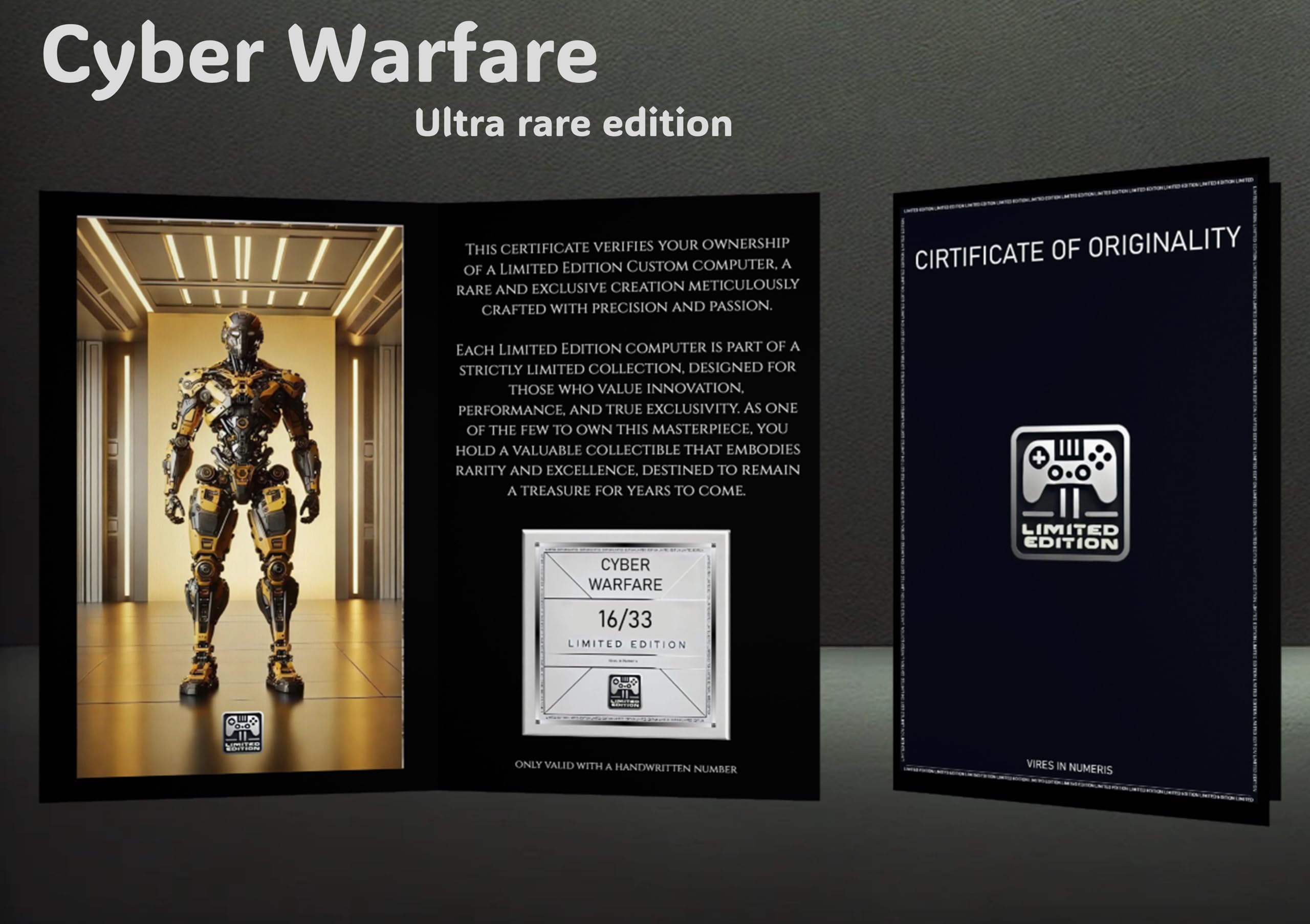 Cyber Warfare limited edition collectible with robot image and certificate of authenticity on a dark background