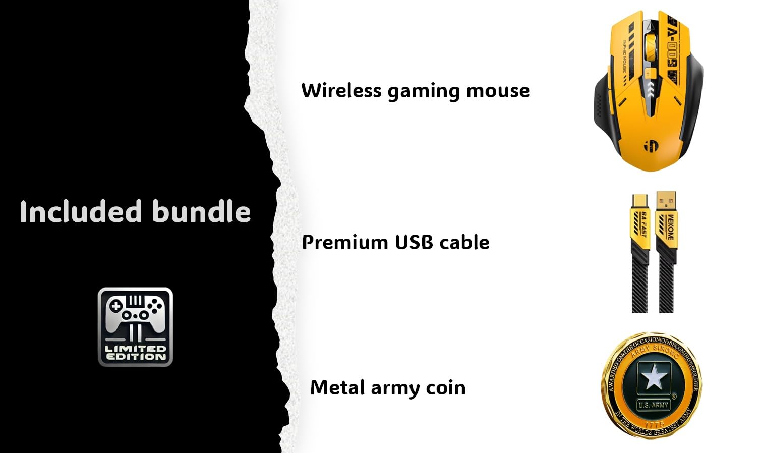 Gaming mouse, USB cable, and metal coin with text on a white background