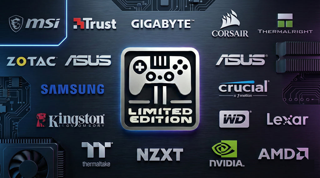 Collection of computer hardware brand logos on a dark background with a central 'Limited Edition' controller icon.
