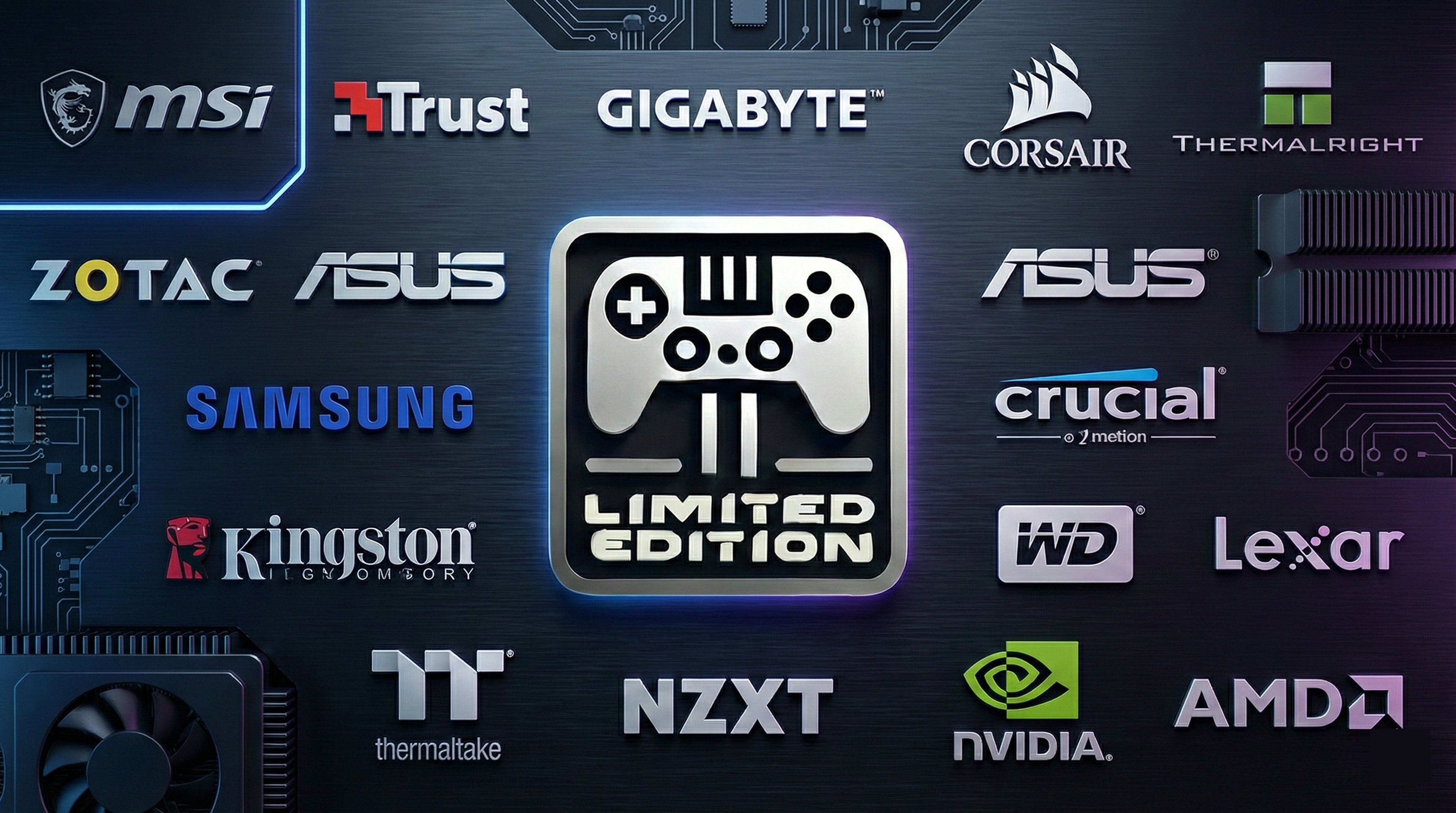 Collection of computer hardware brand logos on a dark background with a central 'Limited Edition' controller icon.