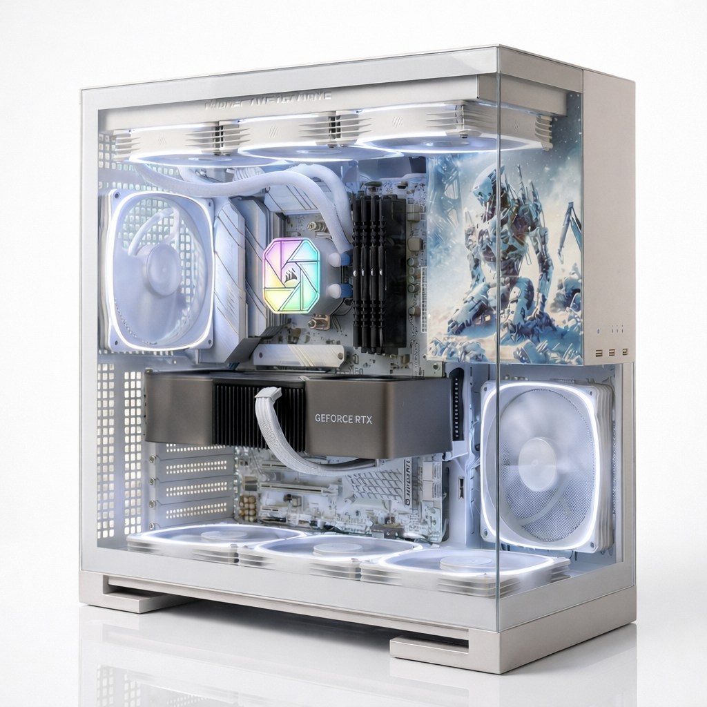 Computer case with transparent side panel displaying internal components on a white background