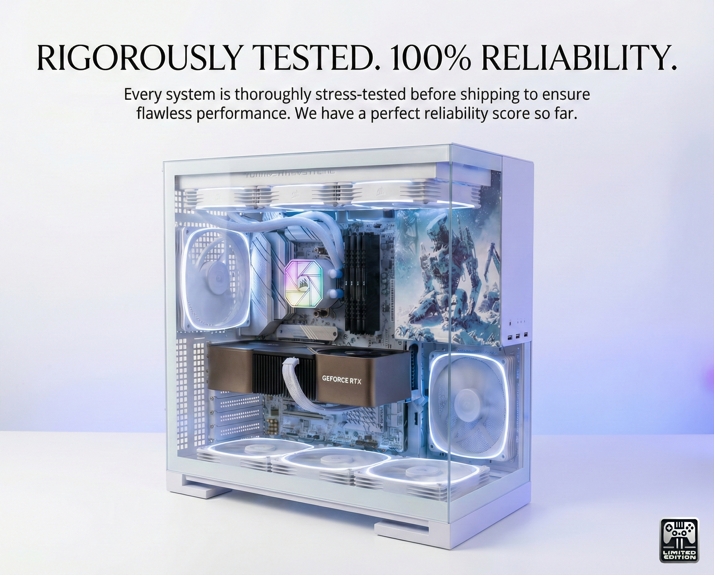 Computer case with visible components on a white background, emphasizing reliability and testing.