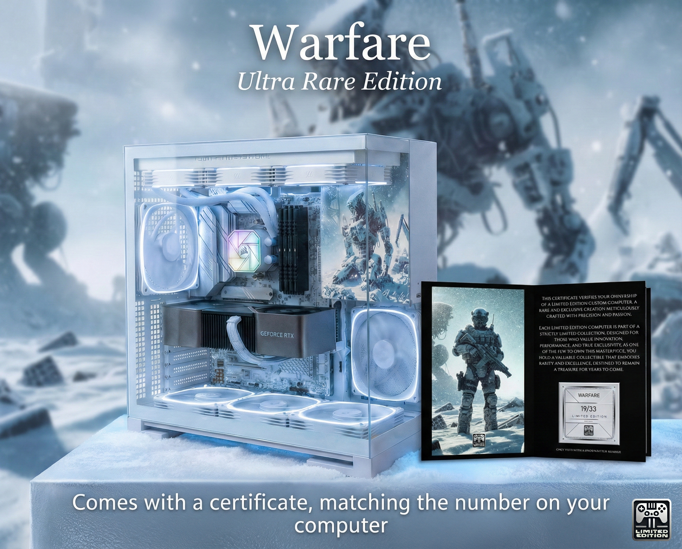 High-end computer hardware with a certificate in a snowy landscape setting