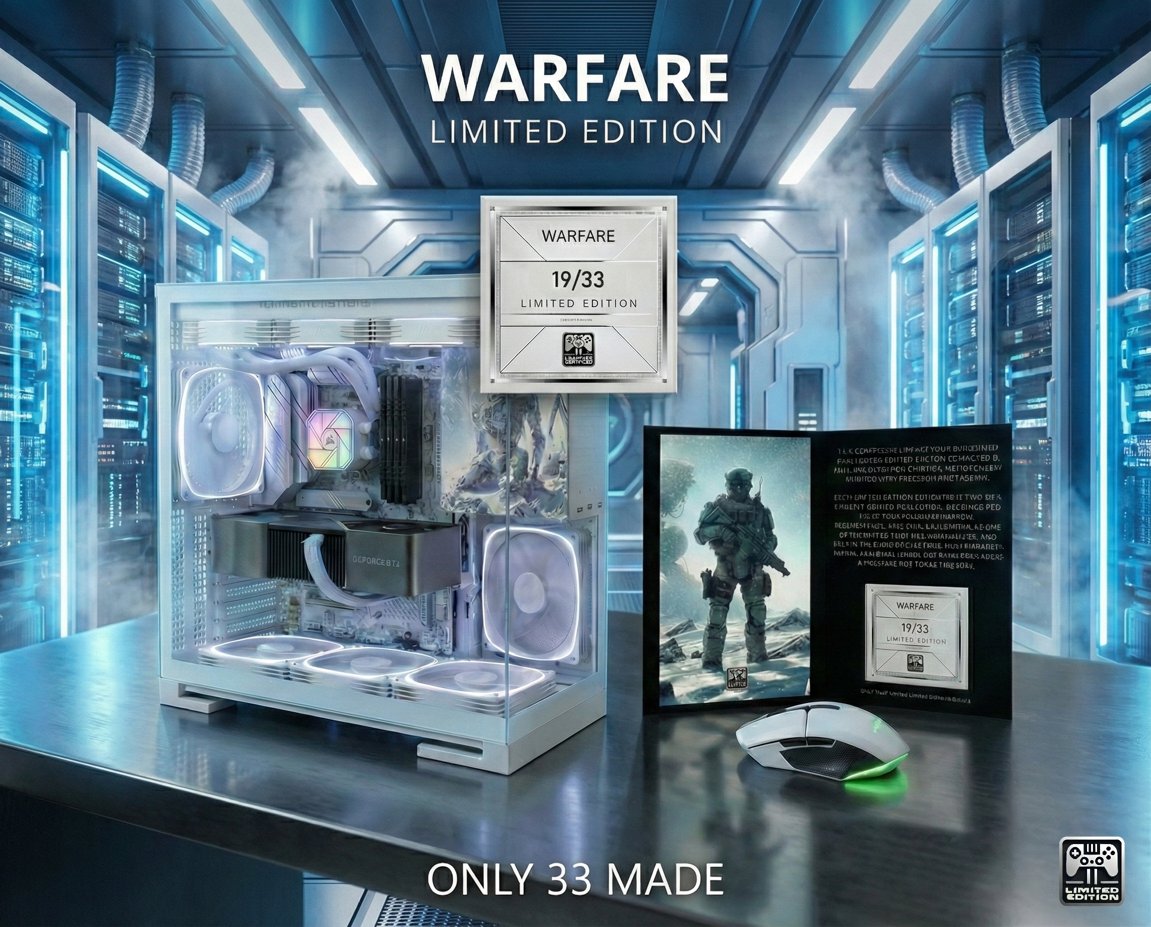 High-tech computer setup with 'Warfare' limited edition branding in a futuristic room.