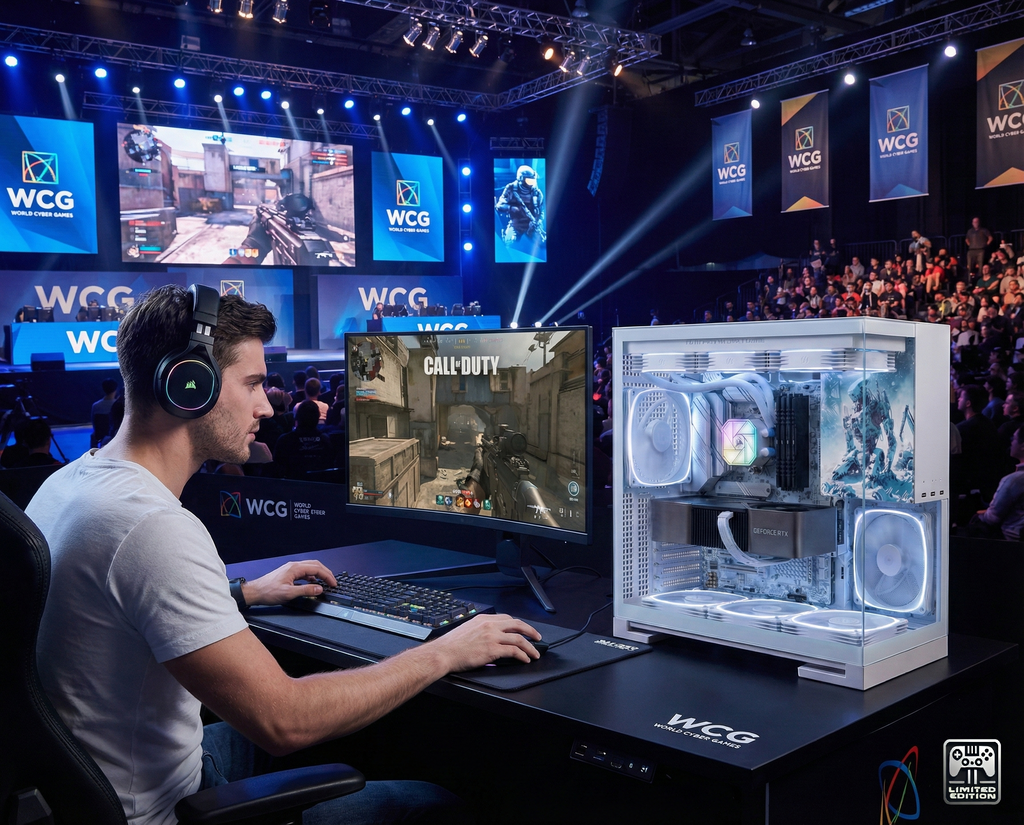 Gamer playing a video game at a WCG event with a high-end gaming PC.
