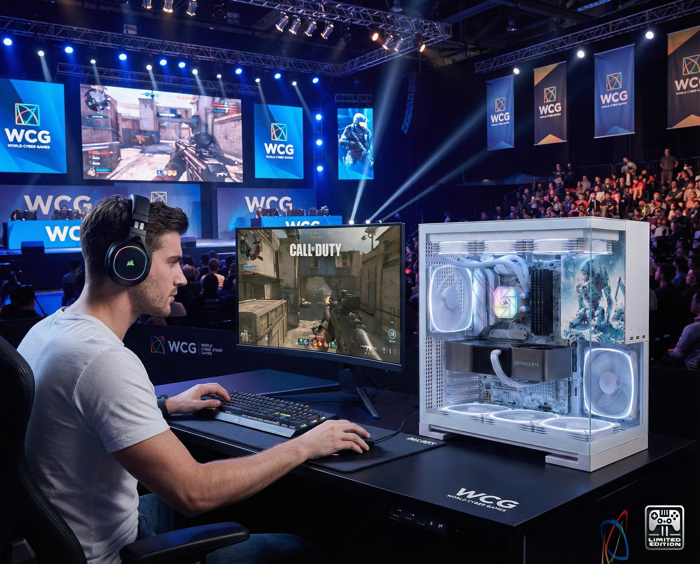 Gamer playing a video game at a WCG event with a high-end gaming PC.