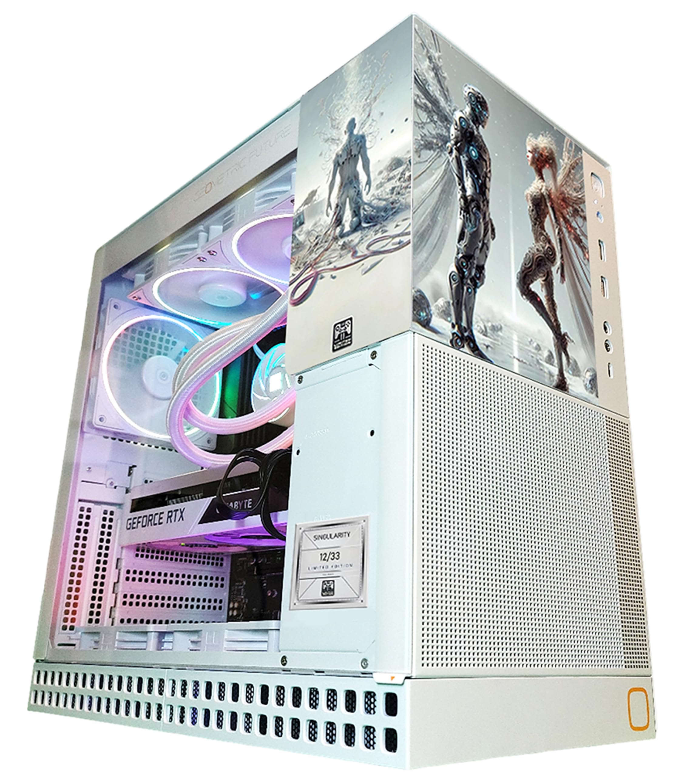 Gaming PC case with futuristic design and RGB lighting on a white background
