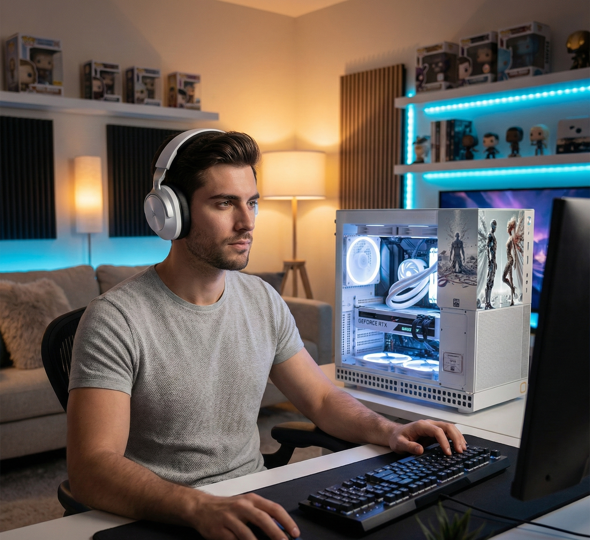 Man sitting at a desk with a computer setup in a room with shelves and lights.