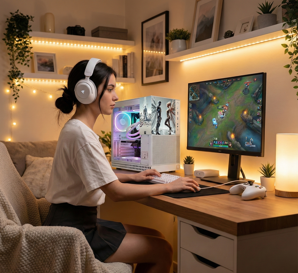 Woman playing a video game on a computer in a cozy room with decorative lights and plants.