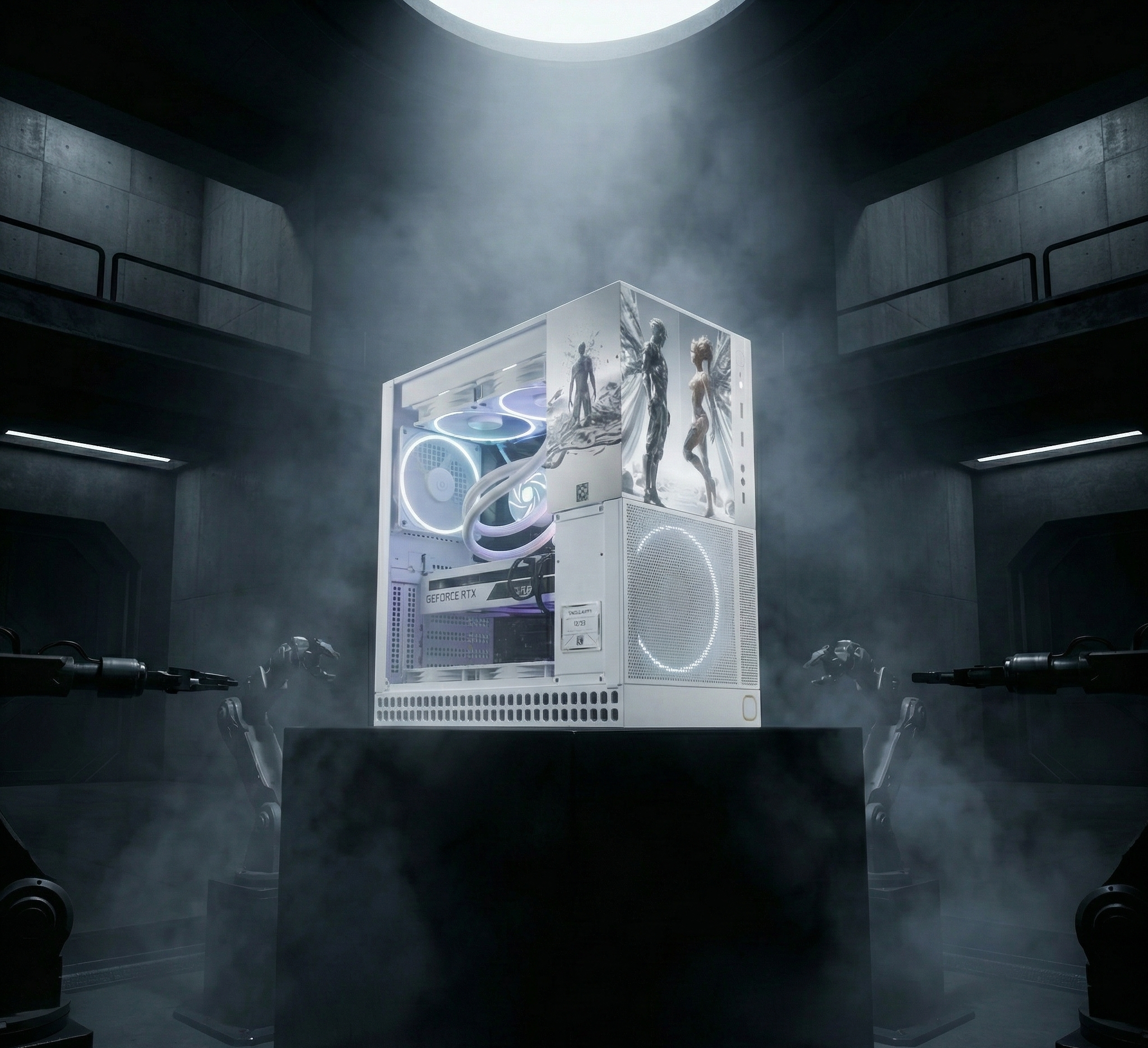 Computer case with futuristic design in a dark, industrial setting