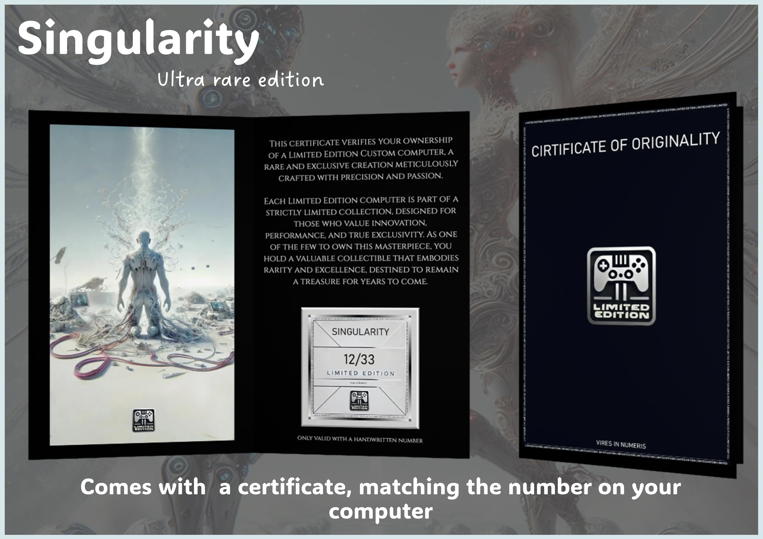 Singularity Ultra rare edition computer with certificate of originality on a dark background