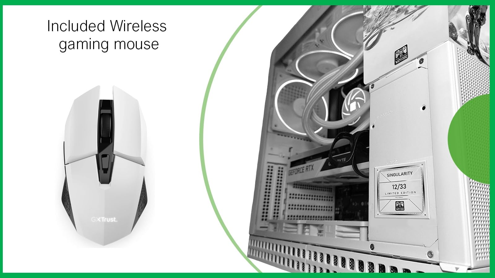 Gaming mouse and computer case with text 'Included Wireless gaming mouse' on a green background