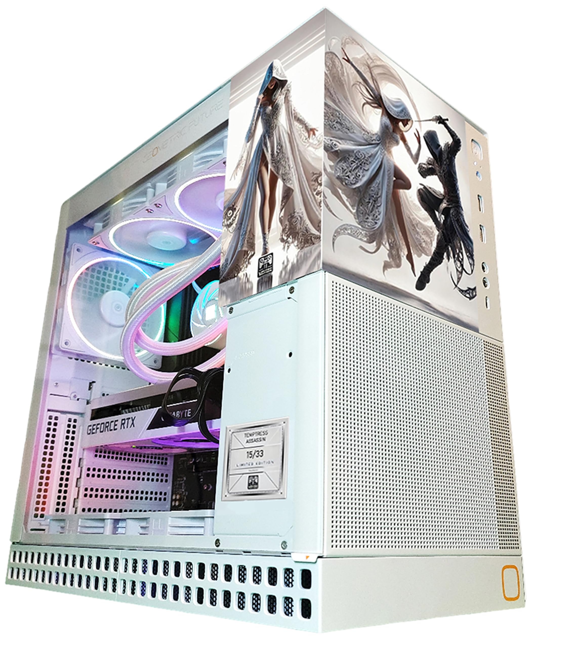 Computer graphics card with colorful design on a white background