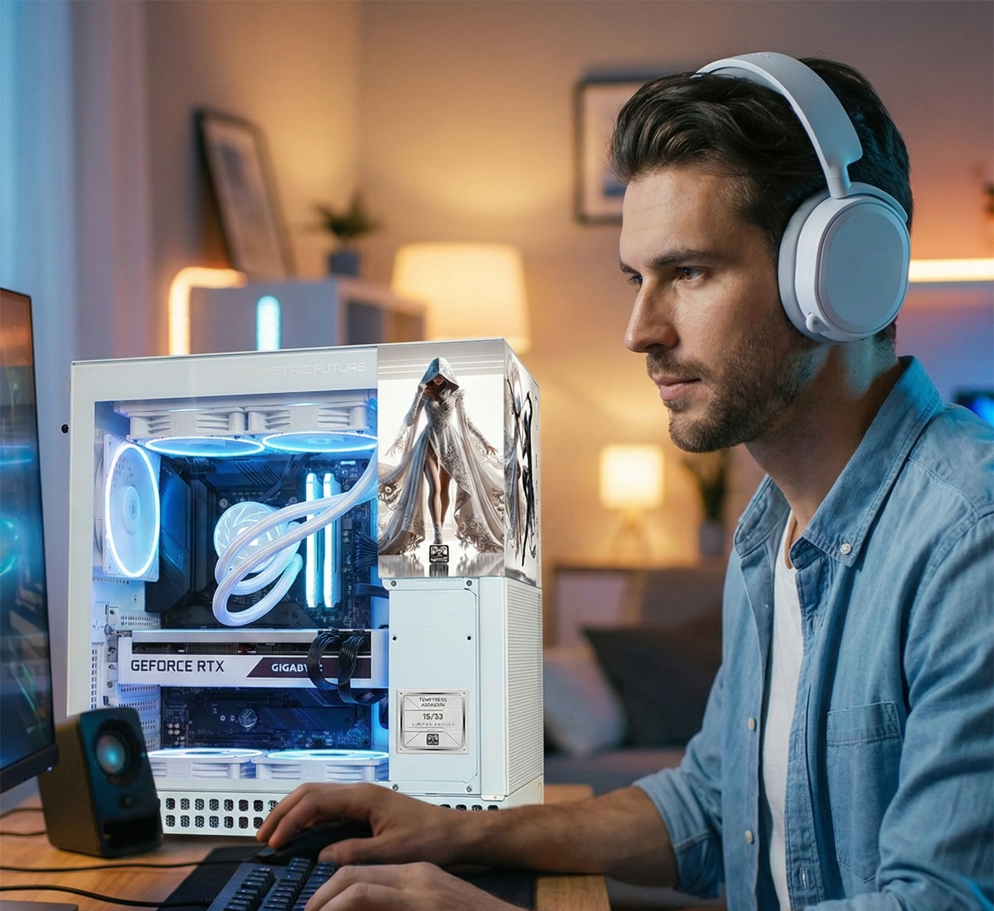 Man wearing headphones using a computer with a transparent gaming PC case.