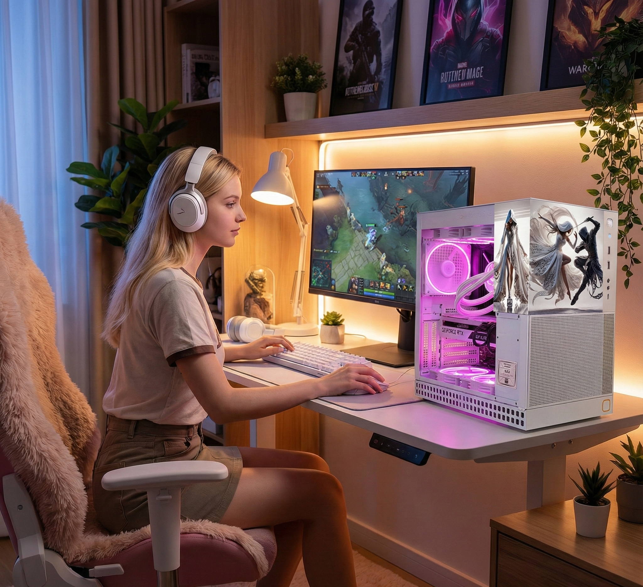 Person playing a video game on a computer with a custom-built PC in a cozy room.