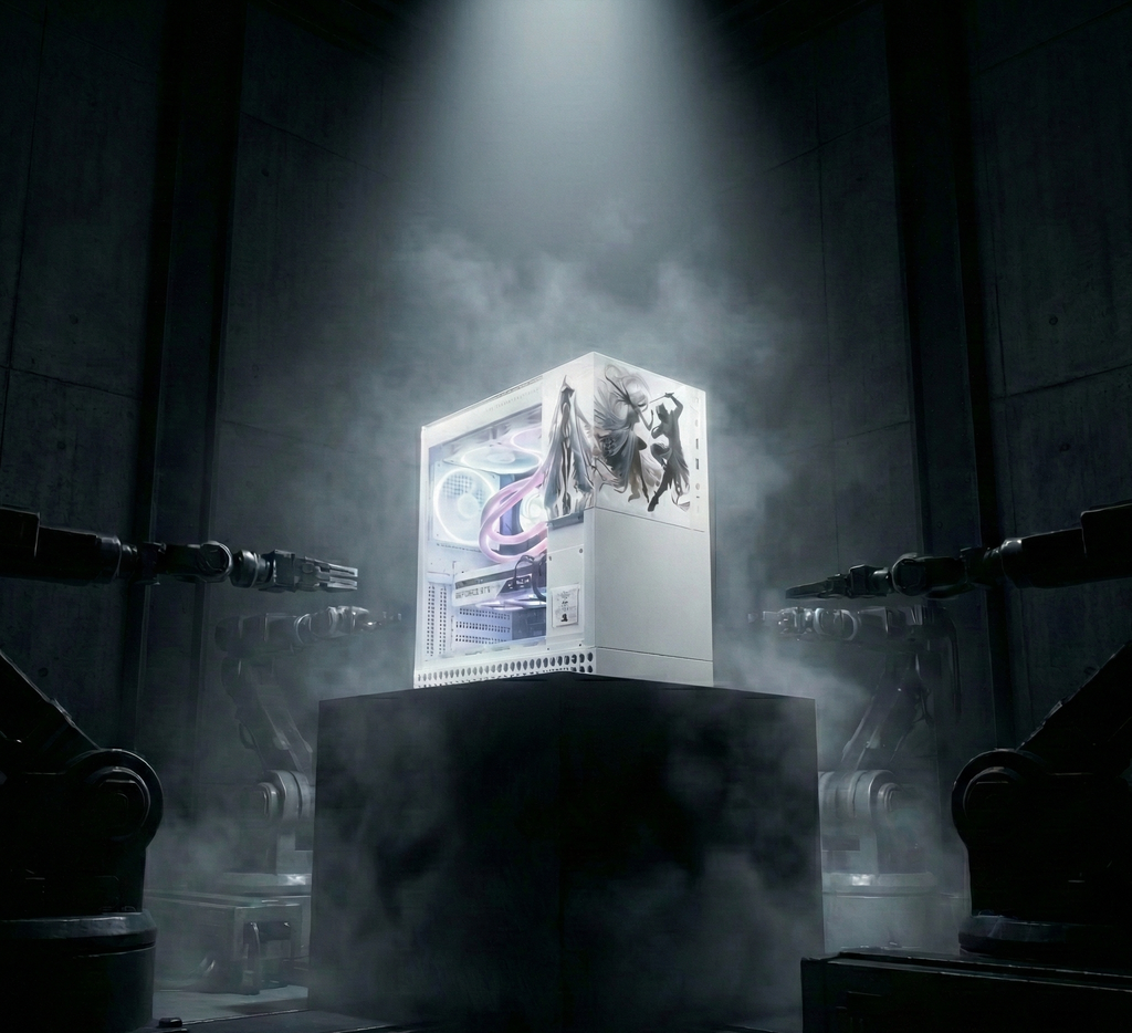 Computer case with graphics on a dark background