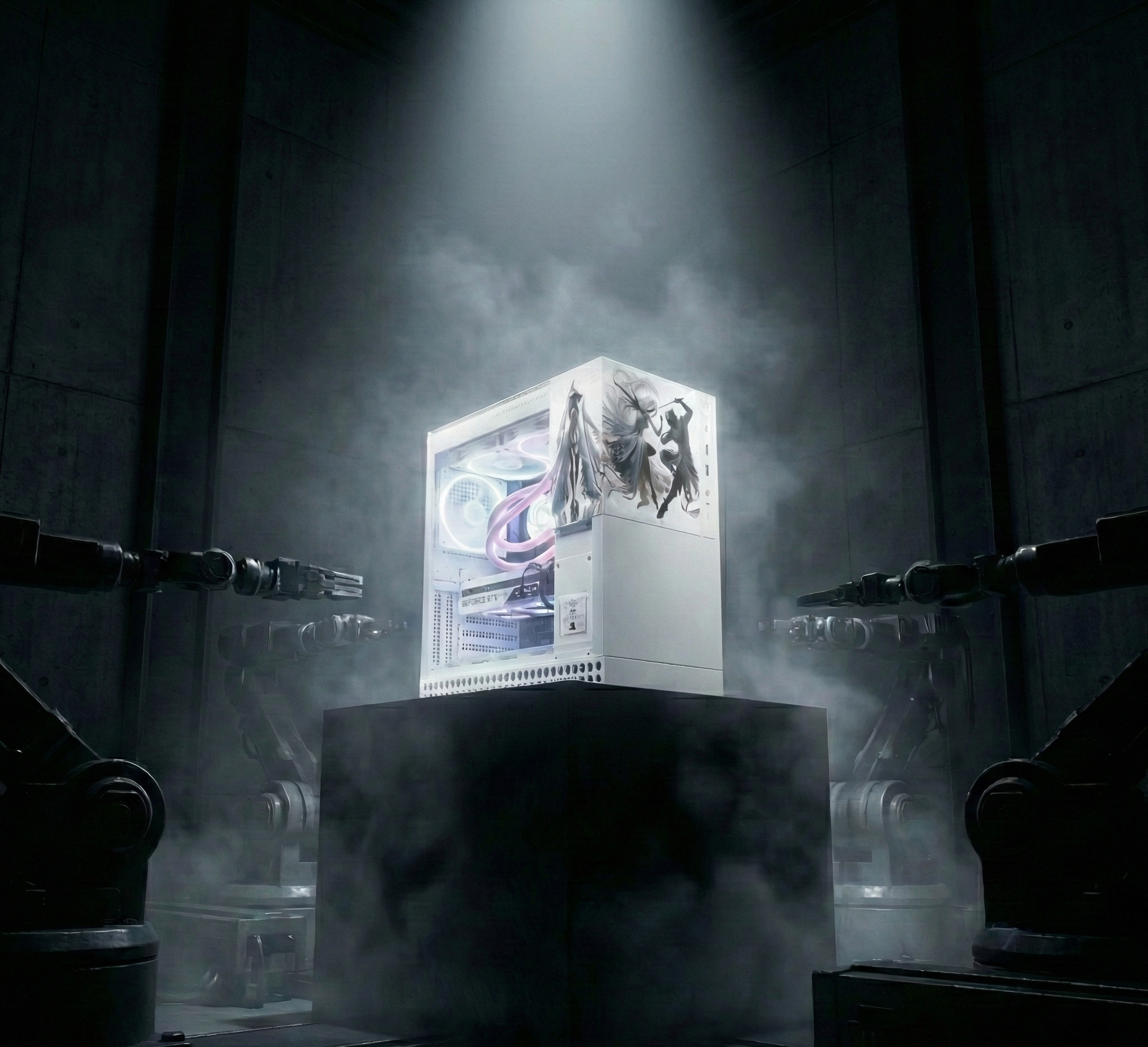 Computer case with graphics on a dark background