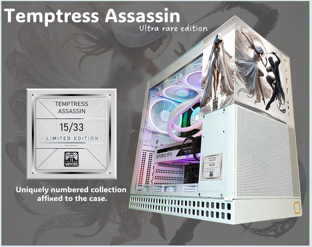 Computer case with 'Temptress Assassin' branding and limited edition label on a dark background.