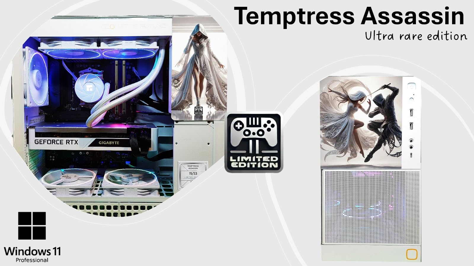 Gaming computer setup with 'Temptress Assassin' Ultra rare edition graphics card, Windows 11 Pro logo, and 'Limited Edition' label.