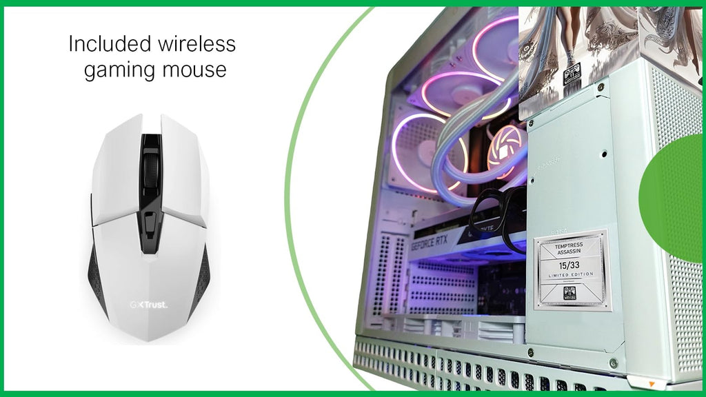 White gaming mouse with text 'Included wireless gaming mouse' and a computer case with visible components.