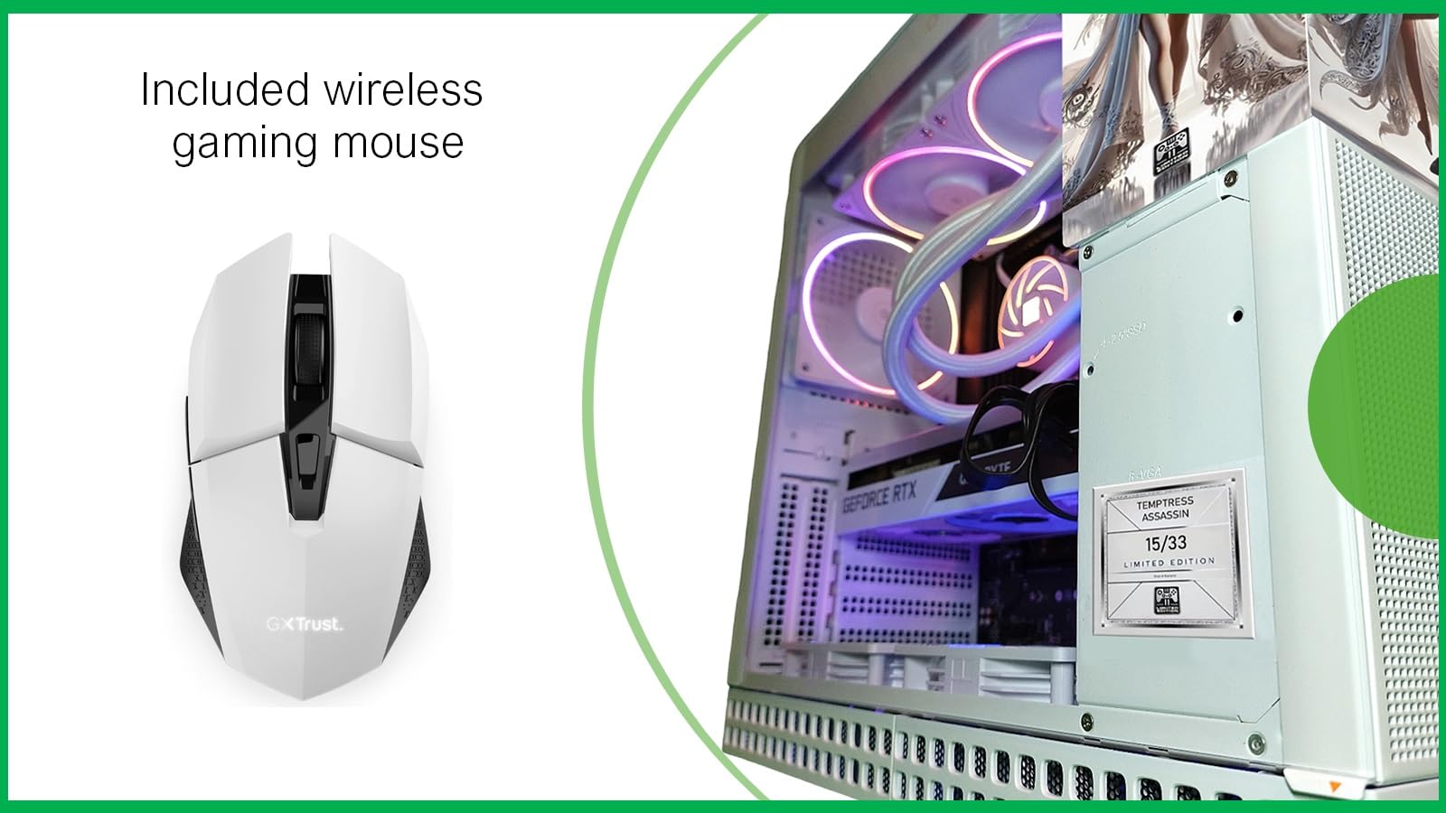 White gaming mouse with text 'Included wireless gaming mouse' and a computer case with visible components.