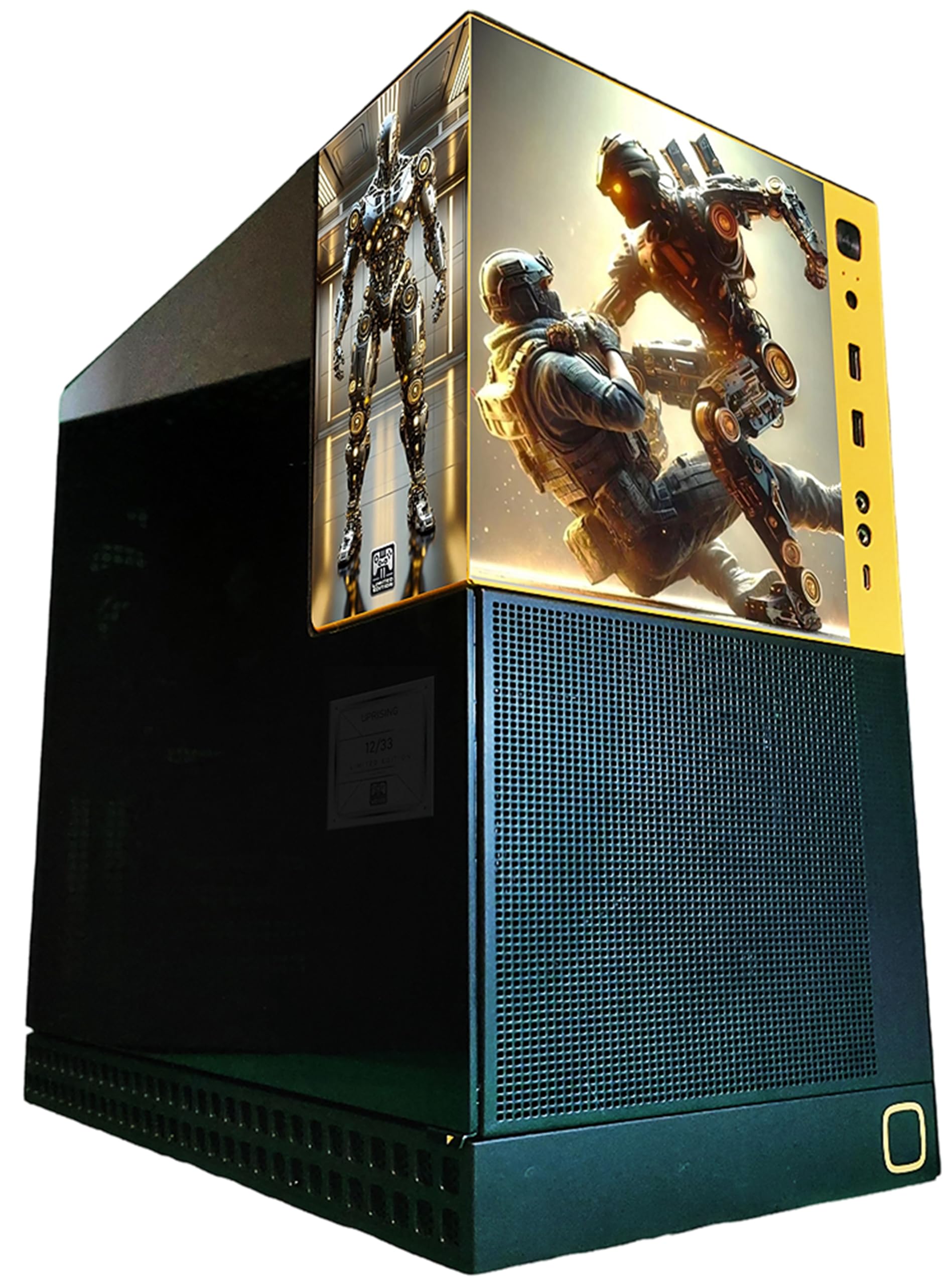 Computer case with robot graphics on a white background