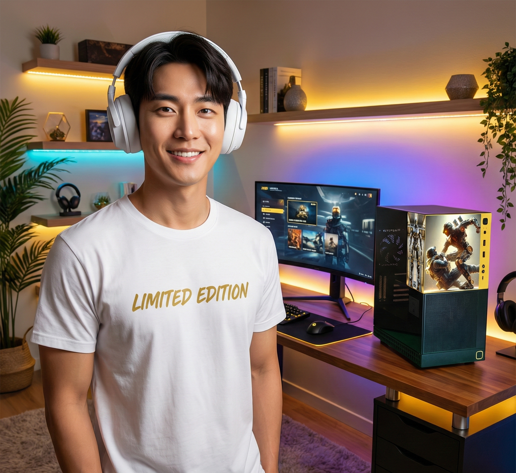 Person wearing headphones and a 'Limited Edition' t-shirt in a room with a computer setup and gaming paraphernalia.