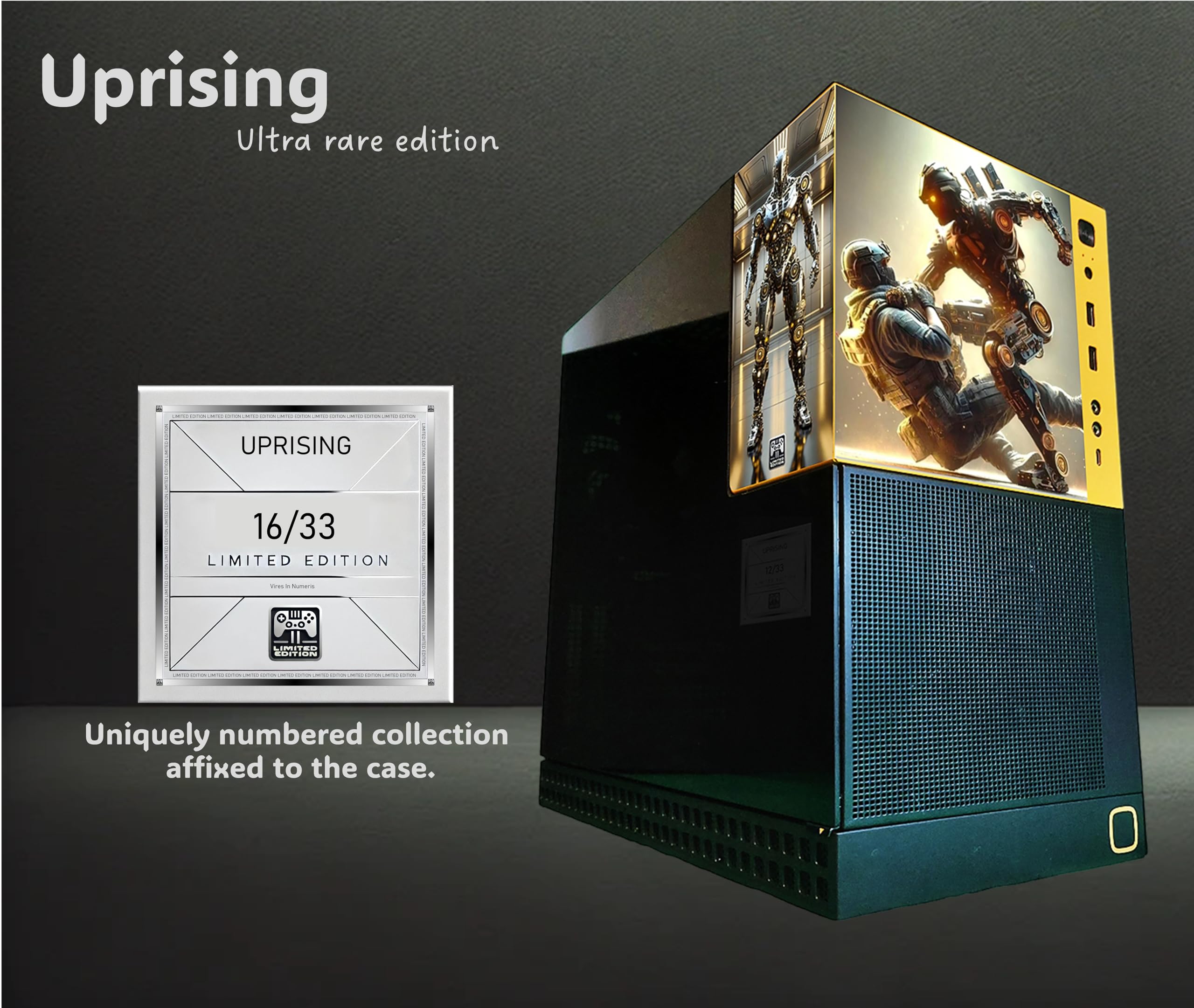 Gaming console case with 'Uprising' branding and limited edition label on a dark background
