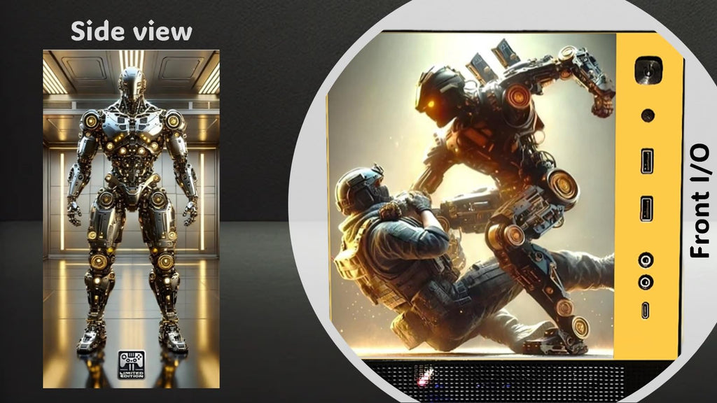 Side view and front I/O of a robot with a person in a futuristic setting.