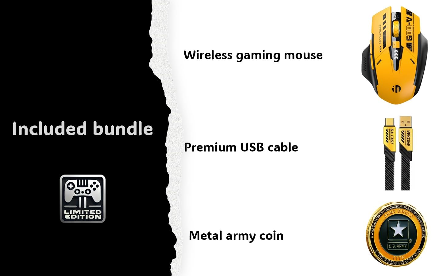 Gaming mouse bundle with USB cable and metal coin on a white background