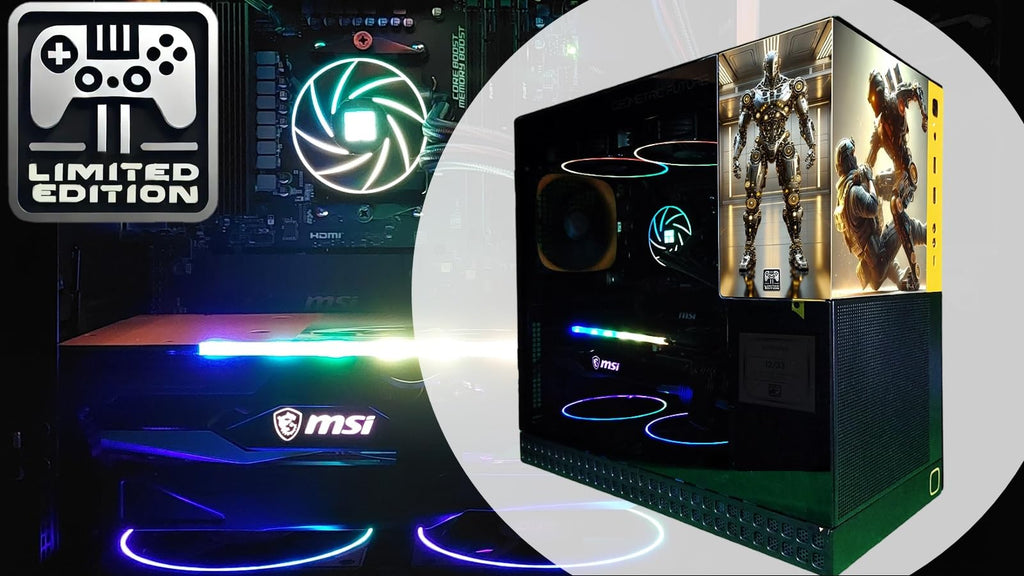 Gaming computer setup with MSI logo and limited edition graphics, featuring a gaming console and figurines.
