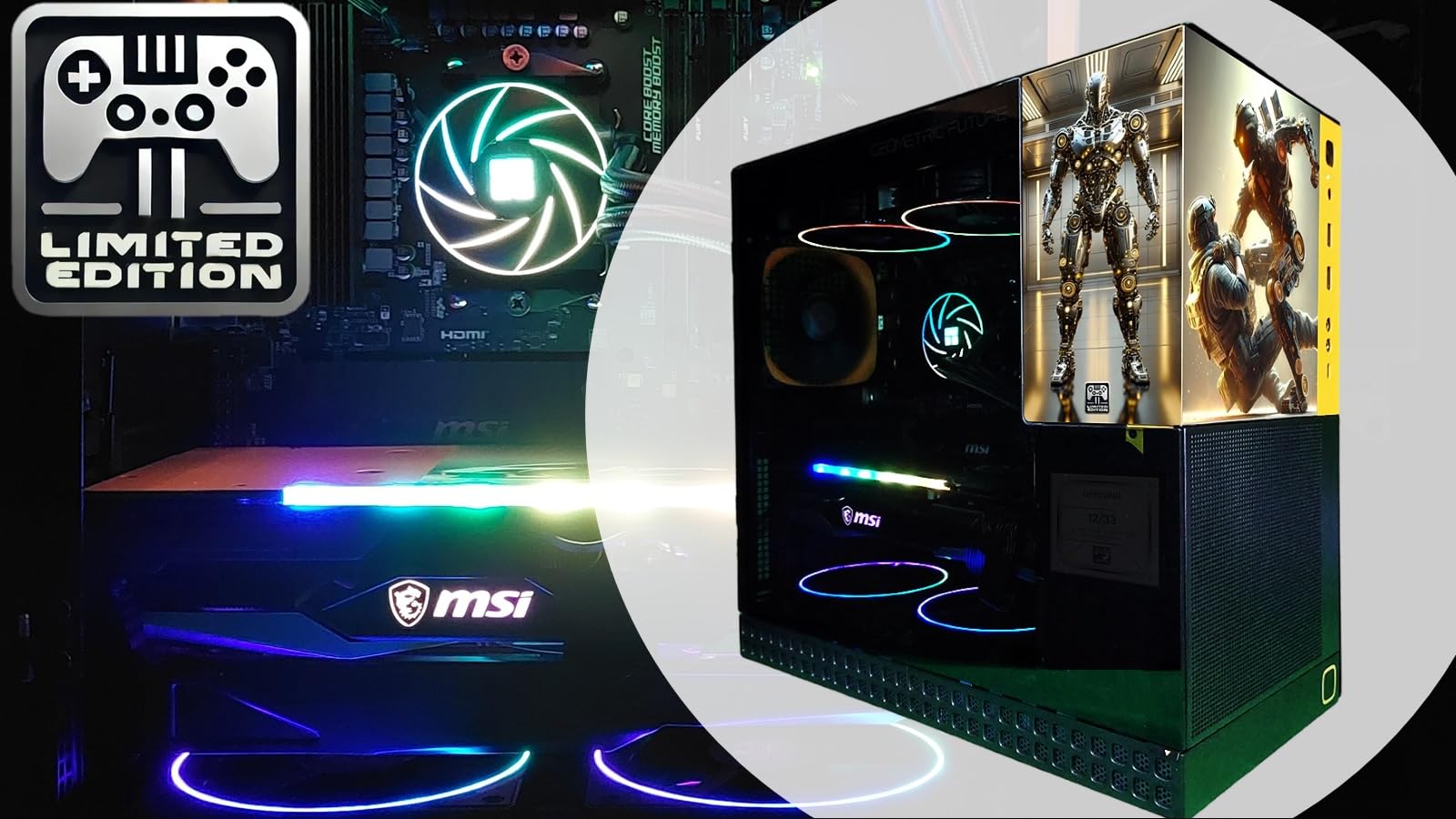 Gaming computer setup with MSI logo and limited edition graphics, featuring a gaming console and figurines.